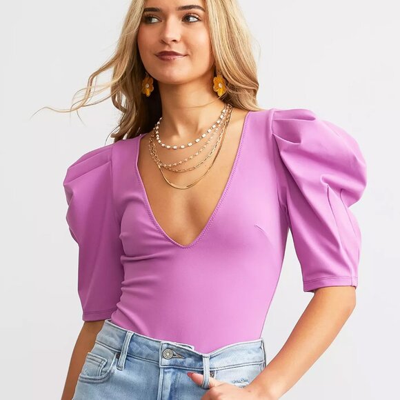 Free People Tops - Free People Pink Body Suit with Puff Sleeves Women's Size XS NWOT